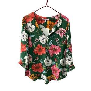 Dr2 Blouse Top Women's SZ L Green Floral Long Sleeve V-Neck Pullover Polyester